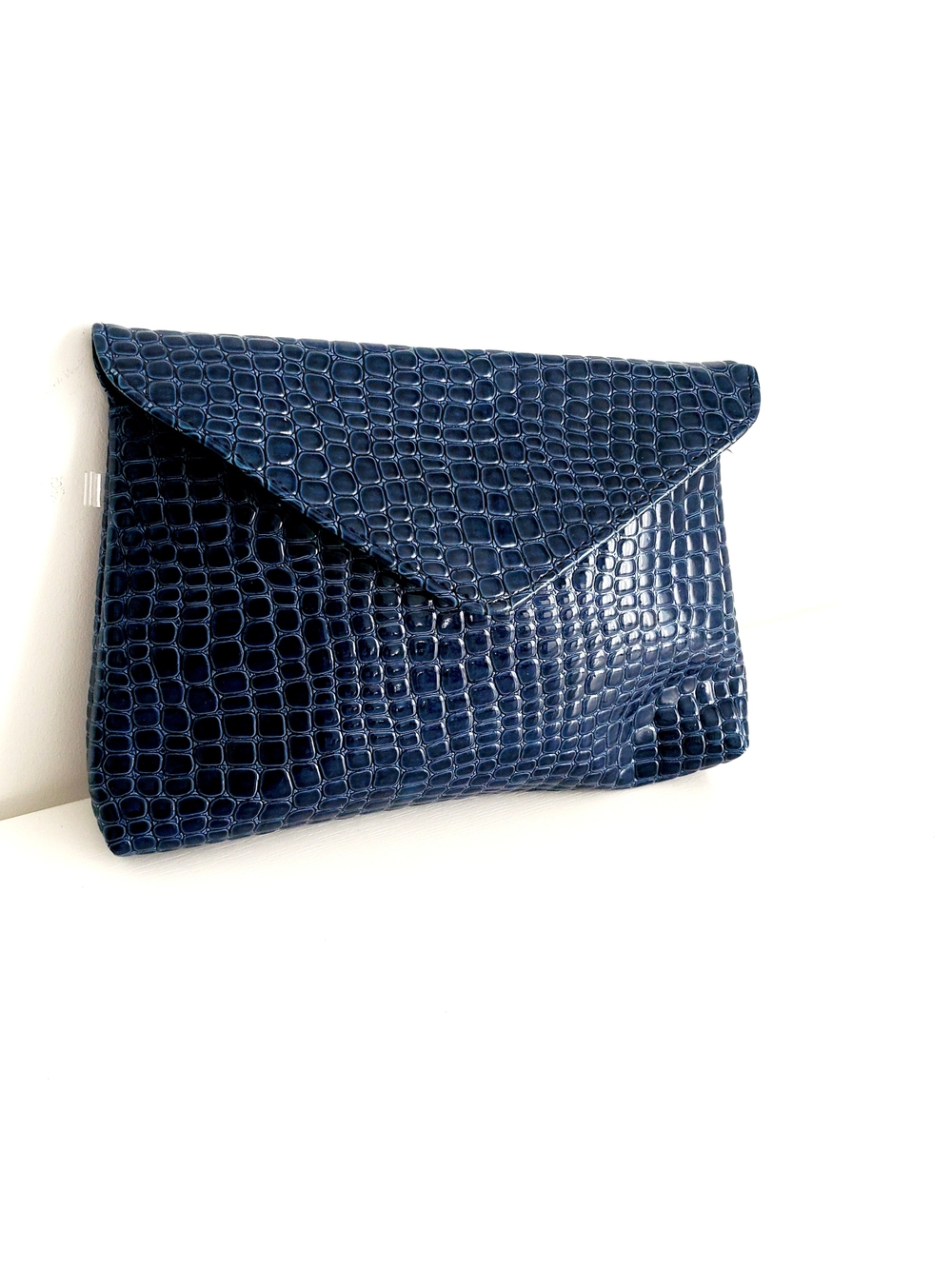Navy Croc-Embossed Envelope Clutch
